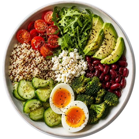 Bol echilibrat cu legume proaspete, avocado și proteine