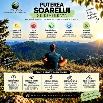 Postare Instagram Vita Nova: Puterea soarelui de dimineață – bărbat meditând la răsărit pe munte
